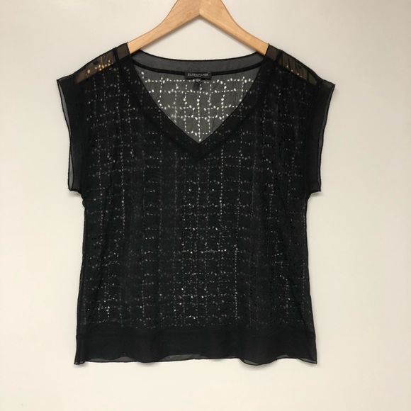 Eileen Fisher PS Black Laser Cut Cap Sleeve Top - Picture 3 of 6